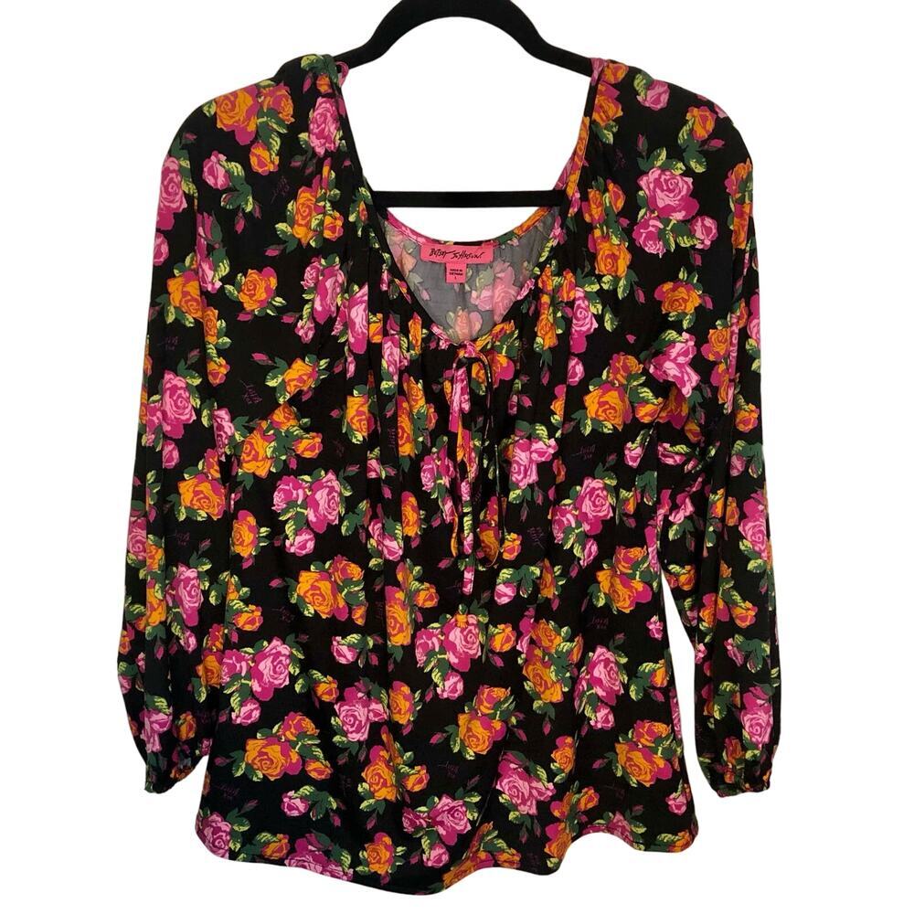 Betsey Johnson Size Large Floral Blouse Tie-Front Neon Rose Print